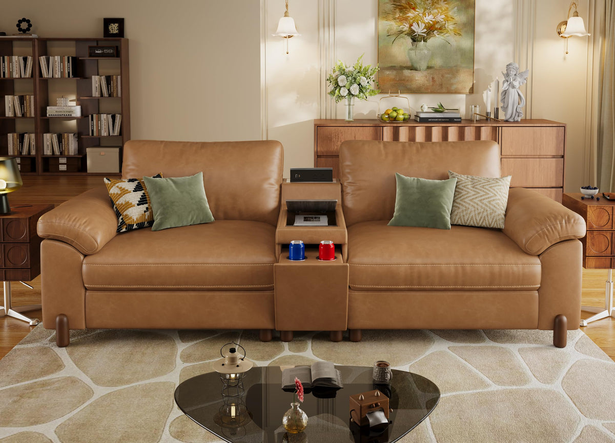 Cloud Couch Sectional, 2 Seater with Console, Faux Leather in Brown