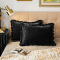 Velvet Pillow Shams Set of 2 Retro Ruffle Flounces Trim Soft Decorative Luxurious Solid Obsidian Black Farmhouse