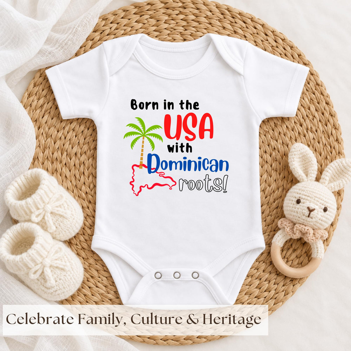 Born in the USA with Dominican Roots Baby Bodysuit | Newborn Baby Gift | Dominican Baby Jumpsuit