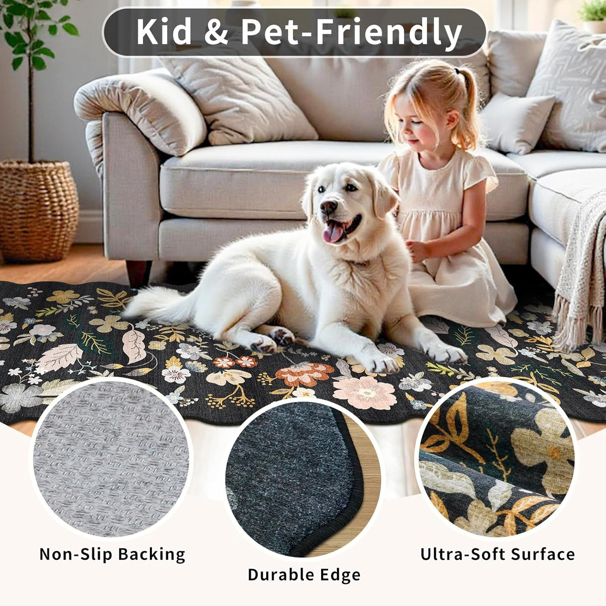 Scalloped Hallway Runner Rug: Washable Non Slip Boho Floor Mat Black