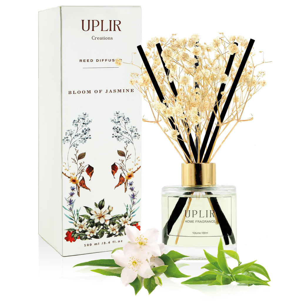 Flower Reed Diffusers with 1 Jasmine & White Tea Double Essential Oil, 3.4 oz (100ml) - Elegant Reed Diffuser Set