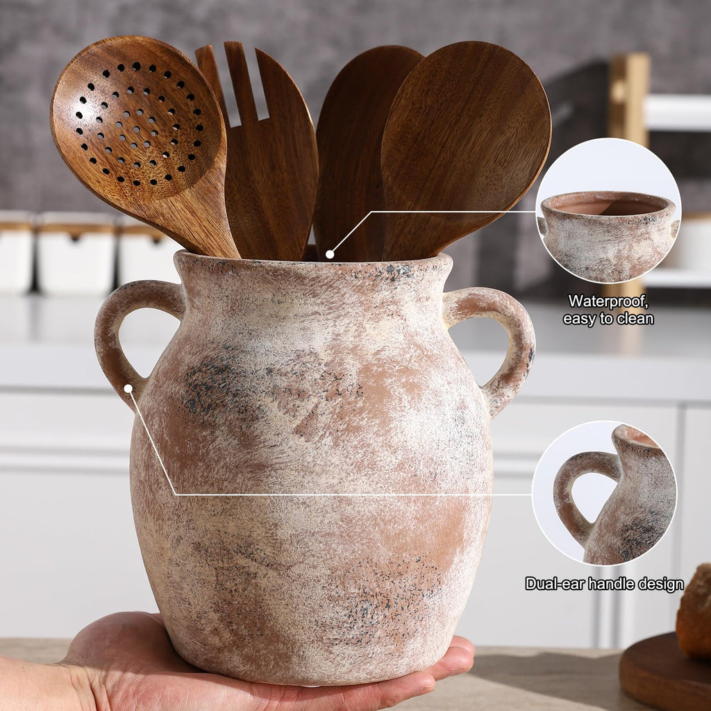 Ceramic Farmhouse Kitchen Utensil Holder for Countertop, Rustic Cooking Utensil Holder Crock Fit Counter.