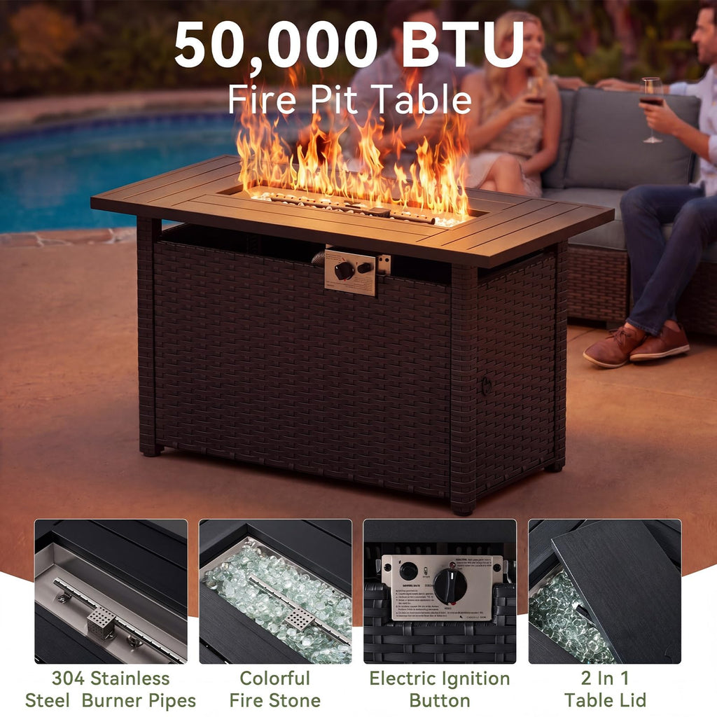 10 PCS Patio Furniture Set with 44'' Fire Pit Table, Outdoor Sectional All-Weather Wicker Conversation Set with