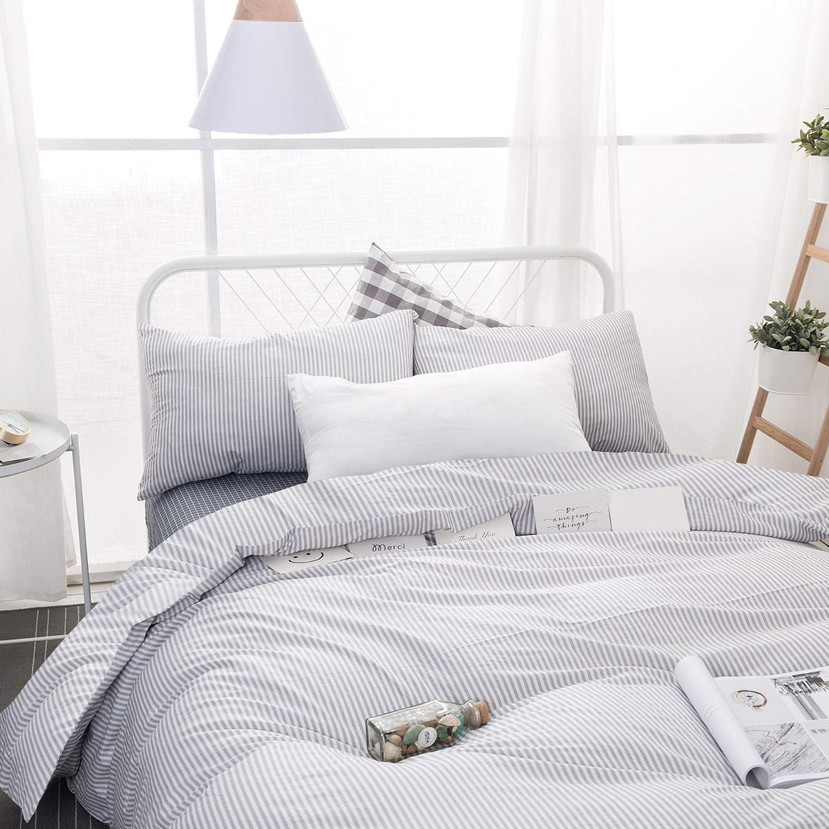 Striped Cotton Comforter Set, Gray