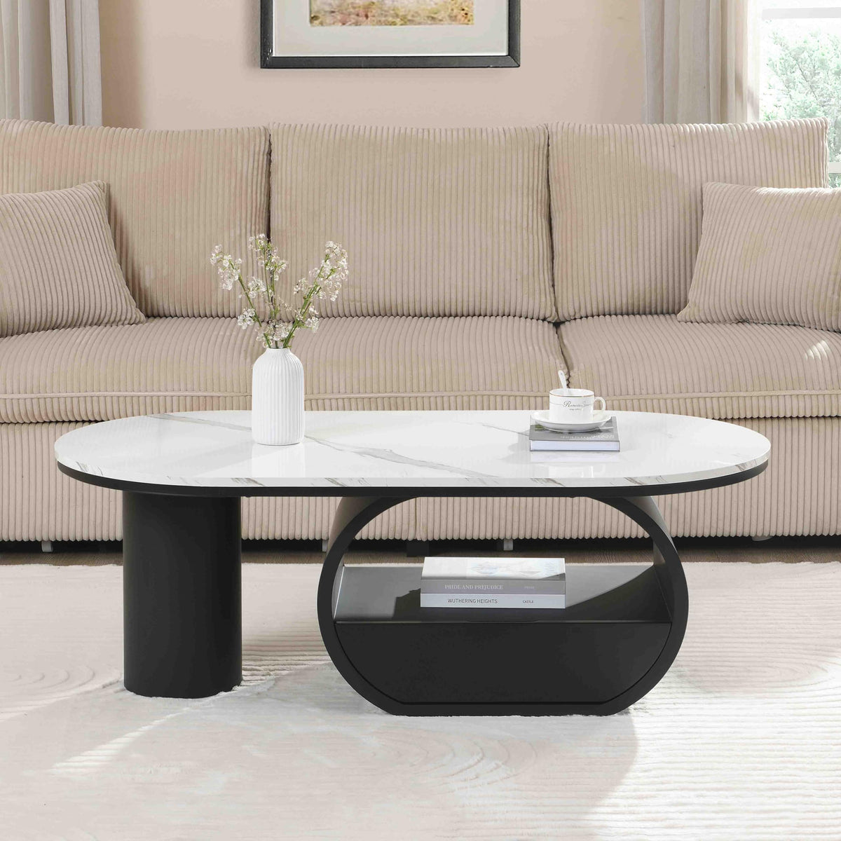 Inspired Saarinen Style Faux Marble Oval Coffee Table with Storage Drawer Pedestal Base