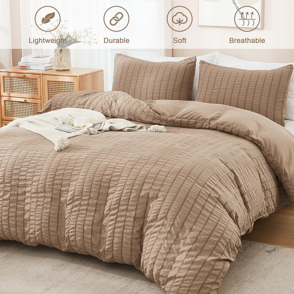 Taupe Duvet Cover (104 x 90 inches), 3 Pieces (1 Duvet Cover, 2 Pillow Cases), Seersucker Striped Soft Washed