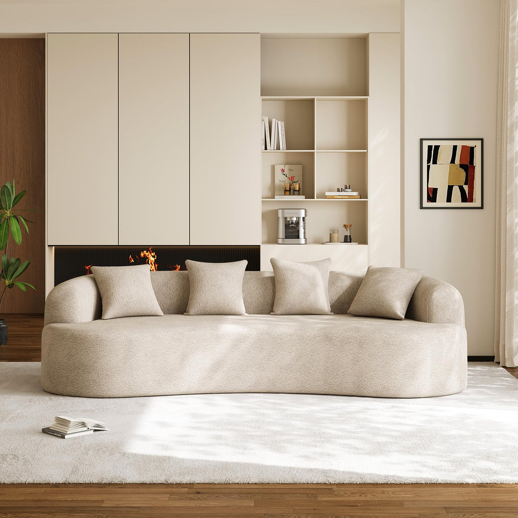 Modern Curved Couch, Oversized 4 Seater Boneless Chenille, Light Brown
