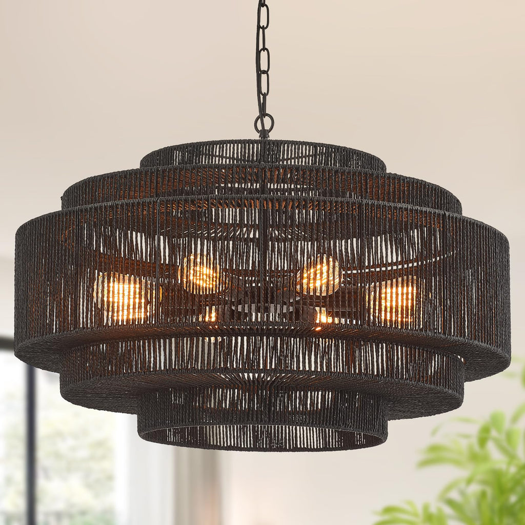 31.5" Large Black Rattan Chandelier, 8-Light Drum Light Fixture