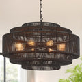 31.5" Large Black Rattan Chandelier, 8-Light Drum Light Fixture