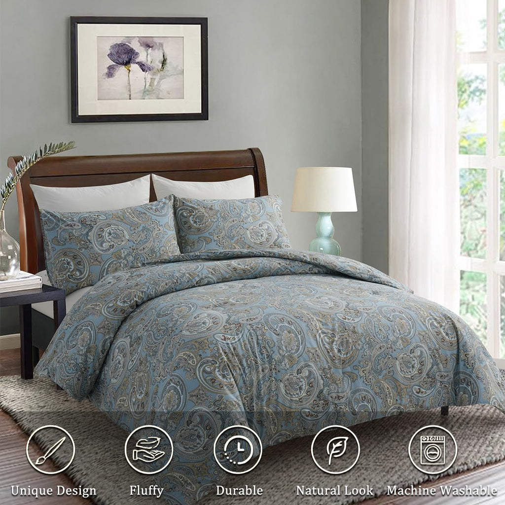 Blue Paisley Comforter Set King, 100% Cotton Boho Paisley Pattern Comforter Set 3 Pcs Soft Cotton Lightweight