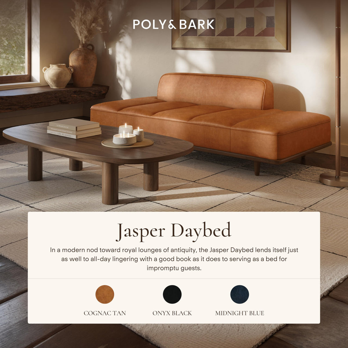 Jasper Daybed - Cognac Tan - Full-Grain Pure-Aniline Leather Upholstery - Walnut-Stained Ash Wood Frame, 6.6 Feet