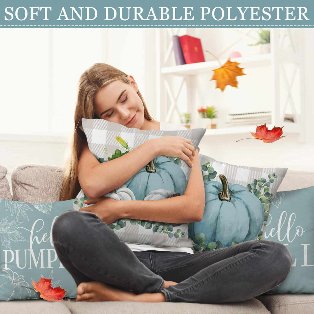 Fall Pillow Covers 20x20 Set of 4, Blue Fall Outdoor Pillow Covers