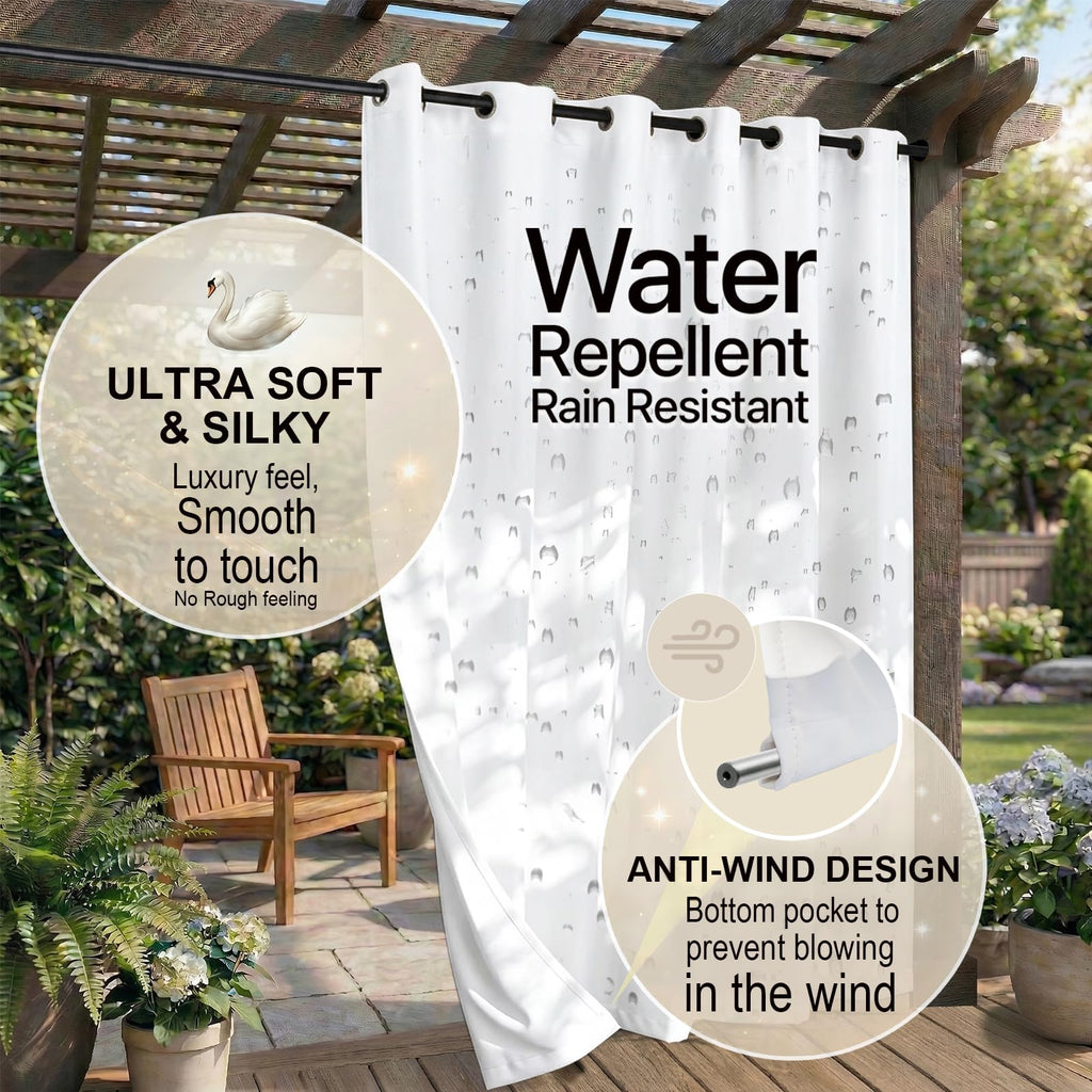 Patio Curtain Waterproof Darkening Thermal Insulated Indoor Curtains, Porch, Living Room, Pergola, Cabana, W52 x