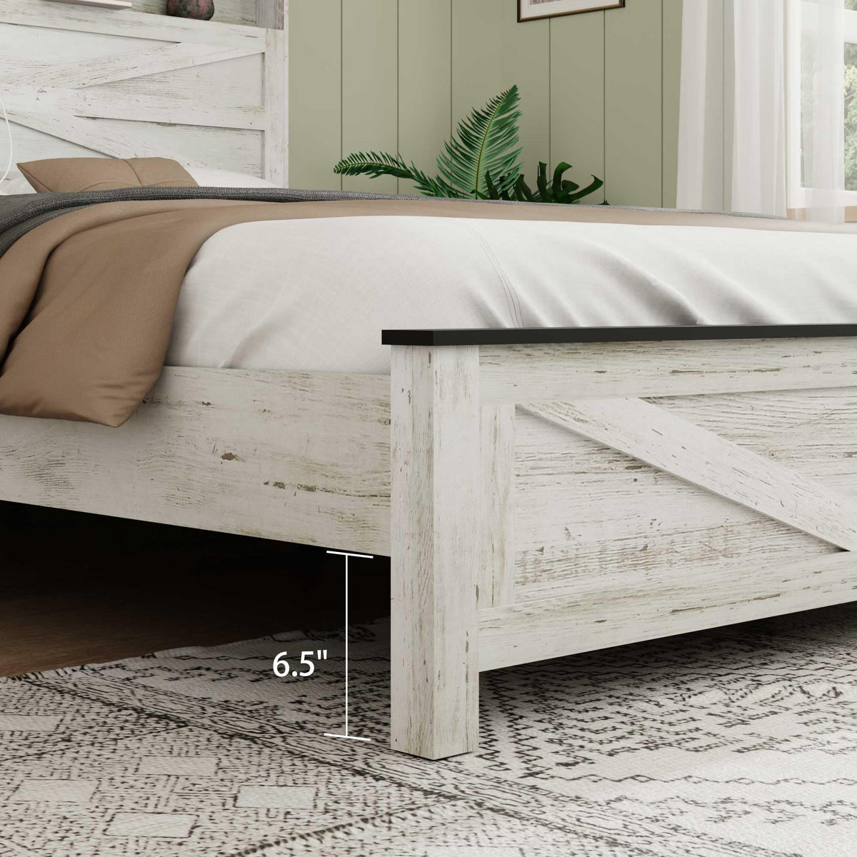 Farmhouse Wooden Bed Frame with Storage Headboard, Rustic Wooden Bedframe with LED Lights and Charging