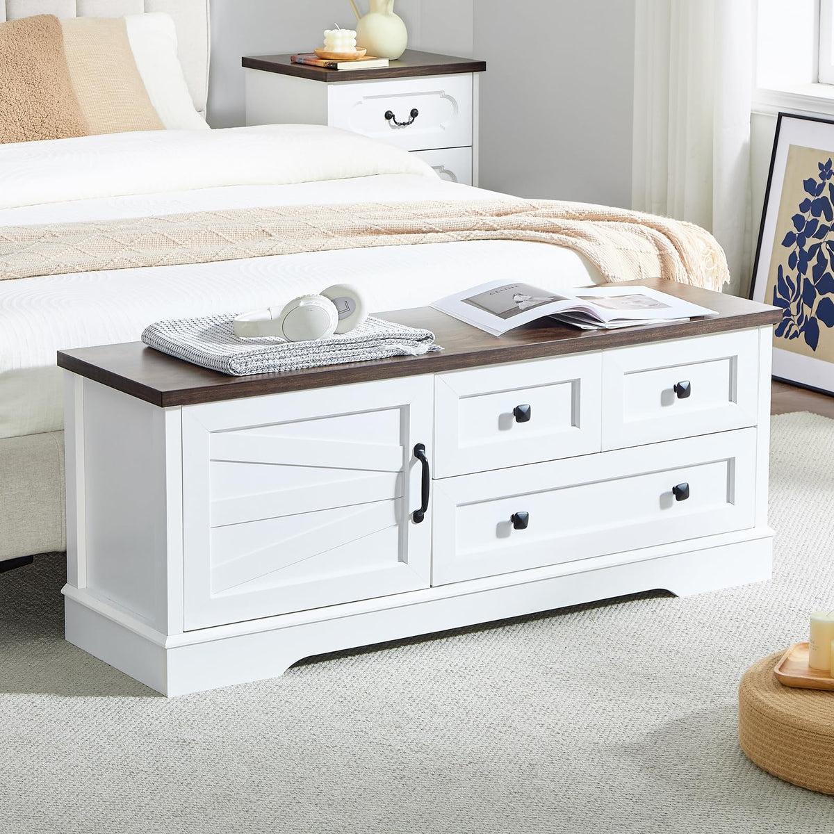 48 Inch End of Bed Storage Bench, Farmhouse Bed Bench with Drawers and Cabinet, Rustic Shoe Storage Bench, White