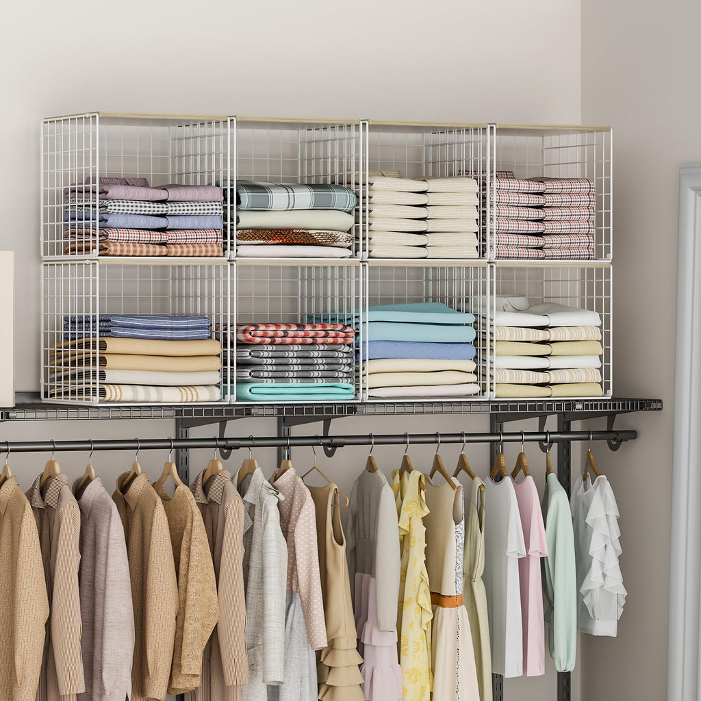 3PCS Stackable Closet Organizers and Storage, Closet Shelves with Wood Top Extra Storage, Clothes Storage Organizer
