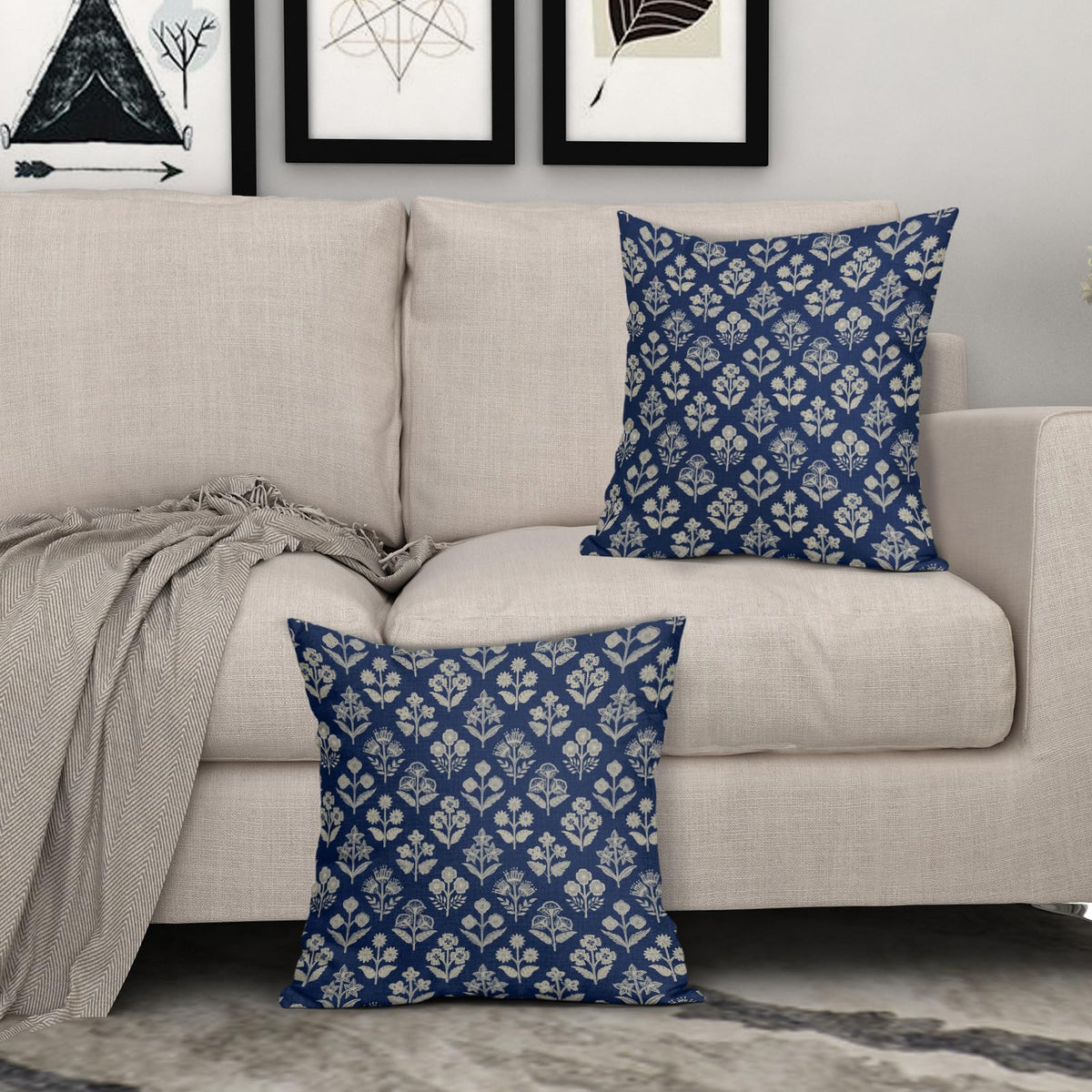 Dark Blue Floral Pillow Covers 22x22 Inch Set of 2, Vintage Flower Block Print Pattern Decorative Throw Pillowcases