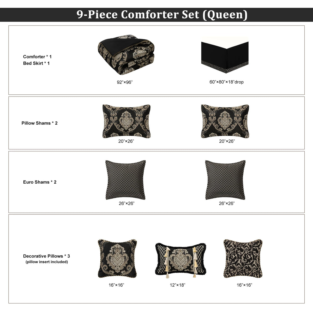 9-Piece Comforter Set, European Damask Bedding Set