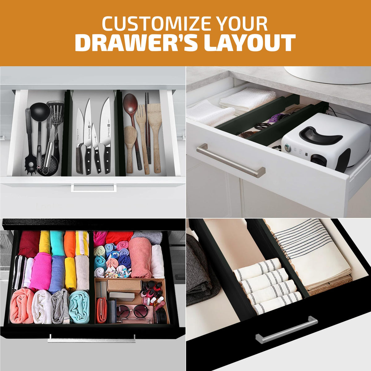 4-Pack Bamboo Drawer Dividers - 12.2 to 17.3 Inches Deep, 2.6 Inches High, Adjustable Expandable Drawer Organizer