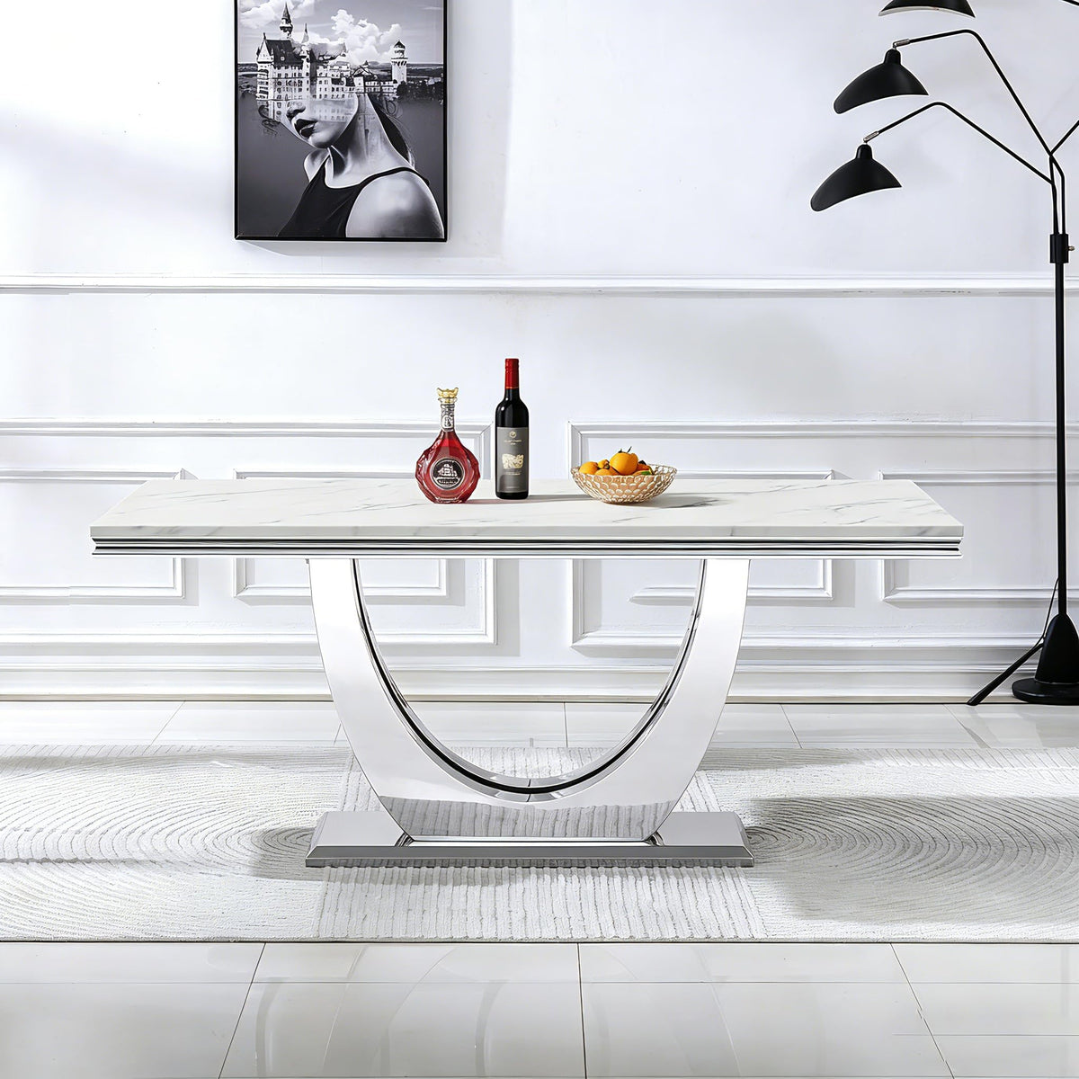 Inspired Saarinen Style White Marble Dining Table Luxury Faux Marble Kitchen Table with U-Shape Mirrored Pedestal Base, 68" Rectangular White