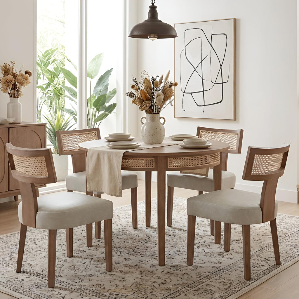 Mid Century Modern Rattan Dining Chairs Set of 2, Farmhouse PU Leather Upholstered Accent Chair Curved Backrest