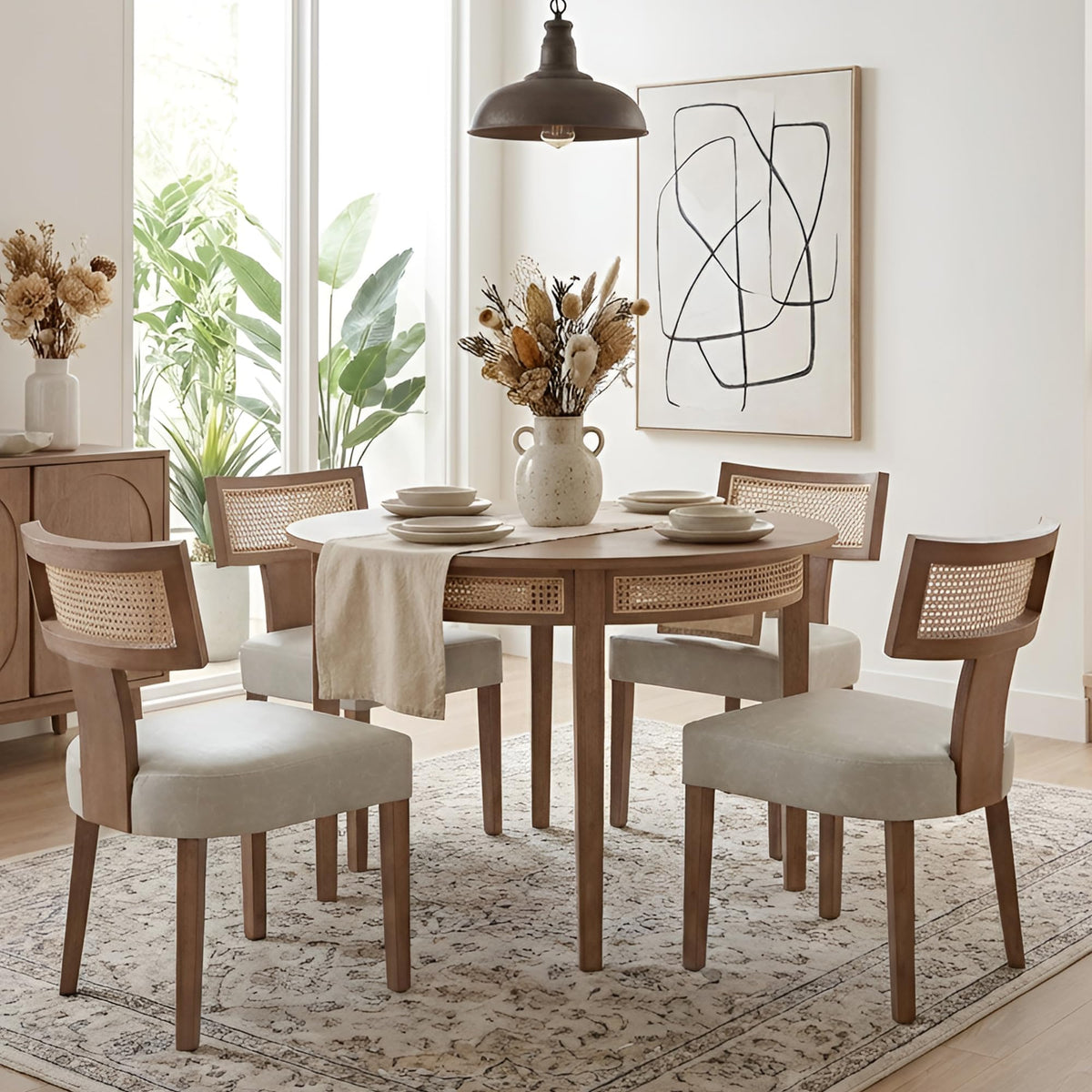 Mid Century Modern Rattan Dining Chairs Set of 2, Farmhouse PU Leather Upholstered Accent Chair Curved Backrest