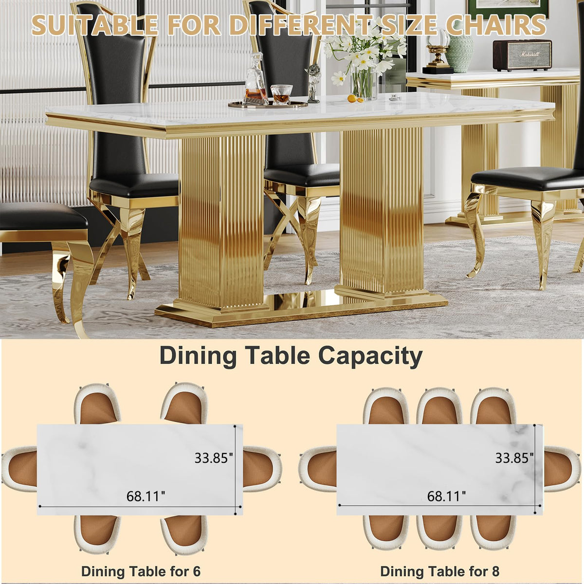 68" Faux Marble White Gold Dining Table for 6, Modern Dining Room Table with 0.71" Marble Printing MDF Top and Dual