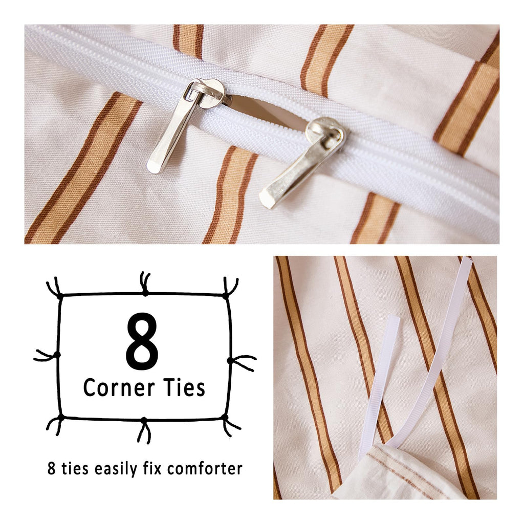 Striped Duvet Cover Set 3 Pieces 100% Cotton Duvet Cover Set with Beige and Terracotta Vertical Stripe