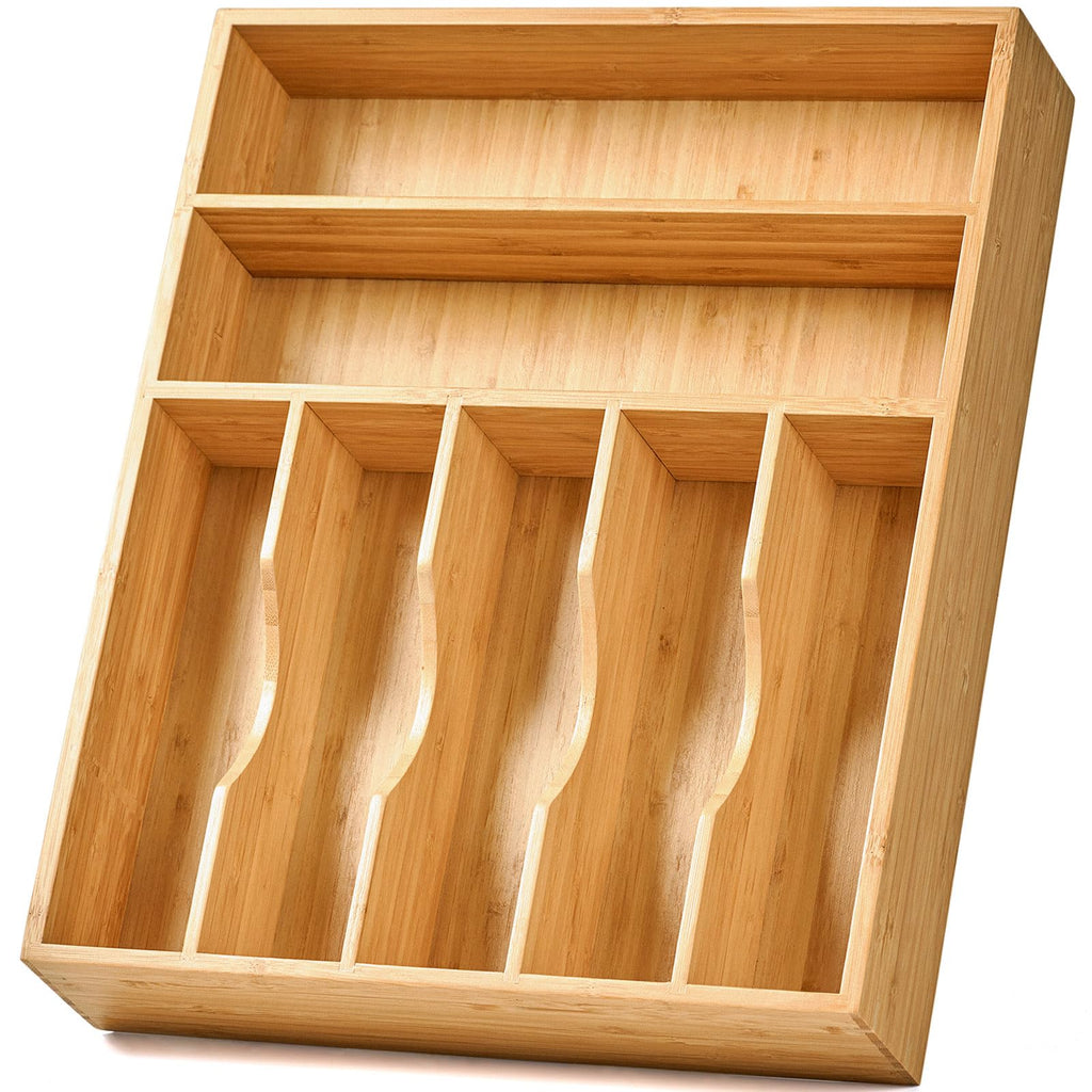 Bamboo Kitchen Drawer Organizer, 13 Inch Silverware Utensil Tray Holder, Extra Deep Grooved Drawer Divider, 7 Slots
