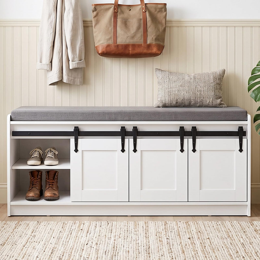 42" Farmhouse Entryway Shoe Storage Bench with Cushion, White, 2pc