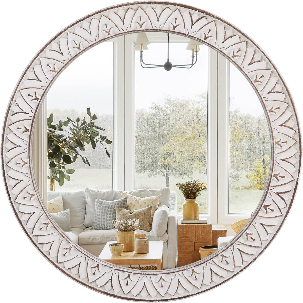 Rustic Round Wood 36 Inch Farmhouse Mirror, Wall Mount, Framed, White, Flower White, Modern & Rustic Style