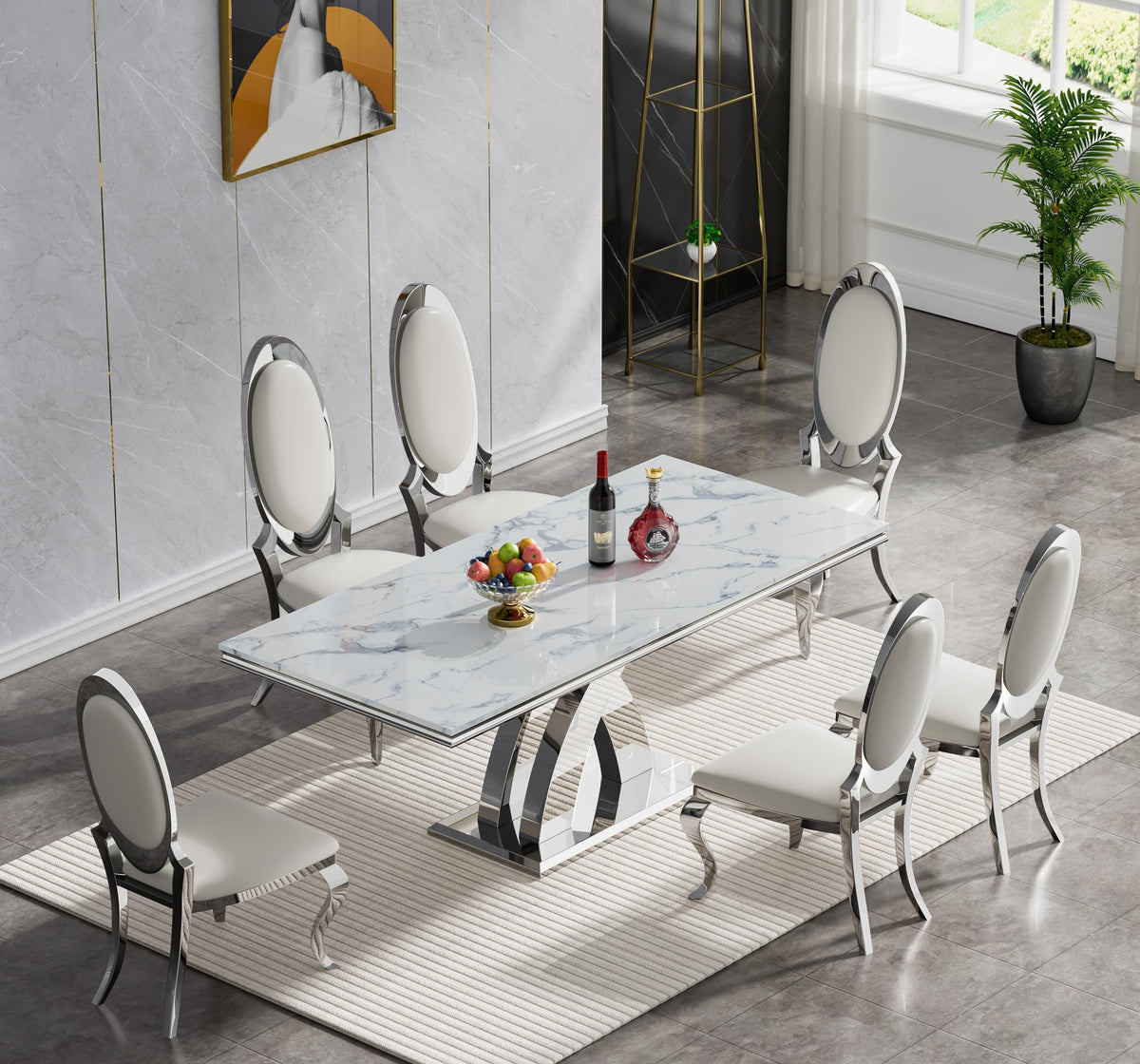 68''Silver Faux Marble Dining Table Set with 6 Leather Chair