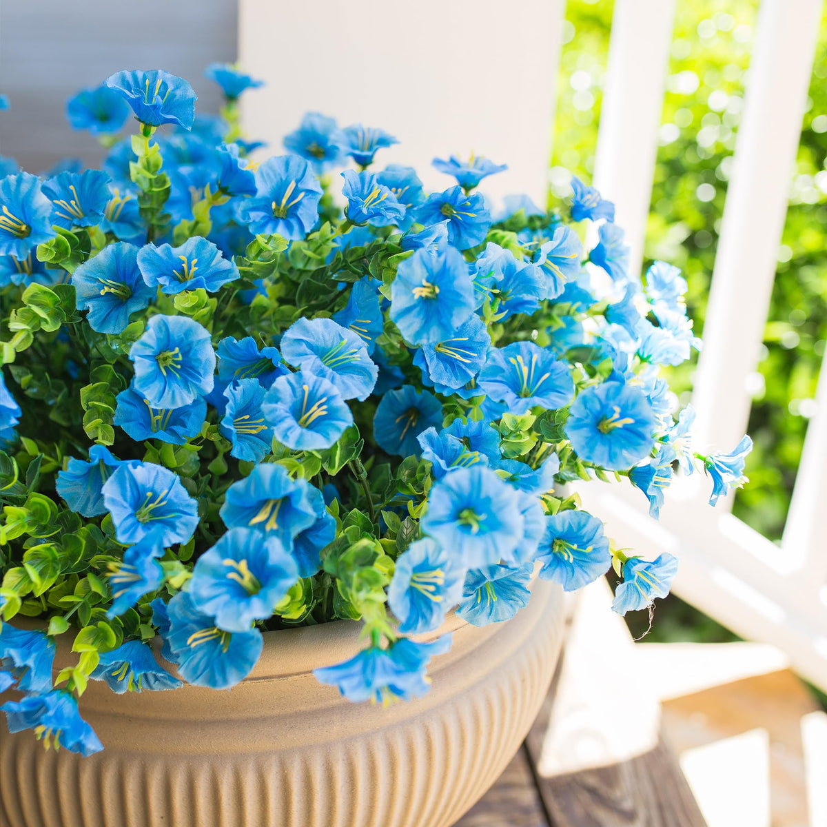 Artificial Fake Outdoor Flowers Plants for Spring Summer Decor, 12 Bundles Outside Silk Blue Morning Glory UV