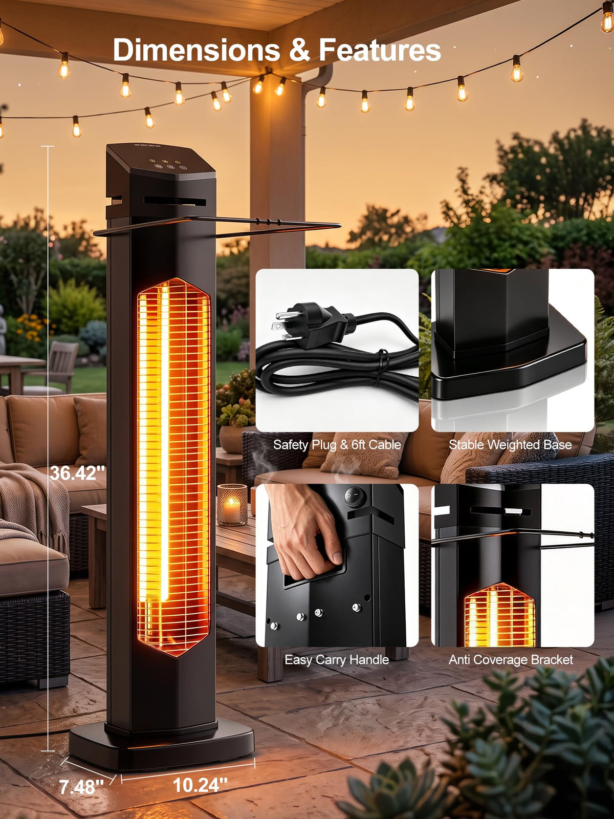 Outdoor Heaters, 1500W Electric Infrared Heater with Remote, IP65 Waterproof, 12H Timer, Tip-Over&Overheat