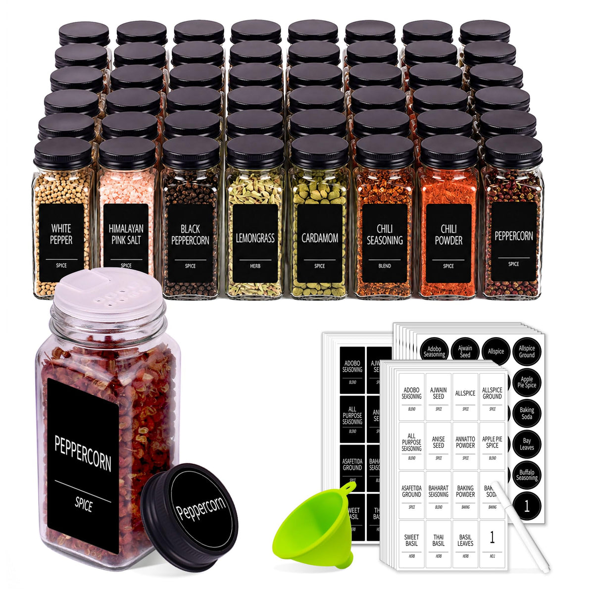 48 Pack Glass Spice Jars with Labels, 4oz Spice Containers