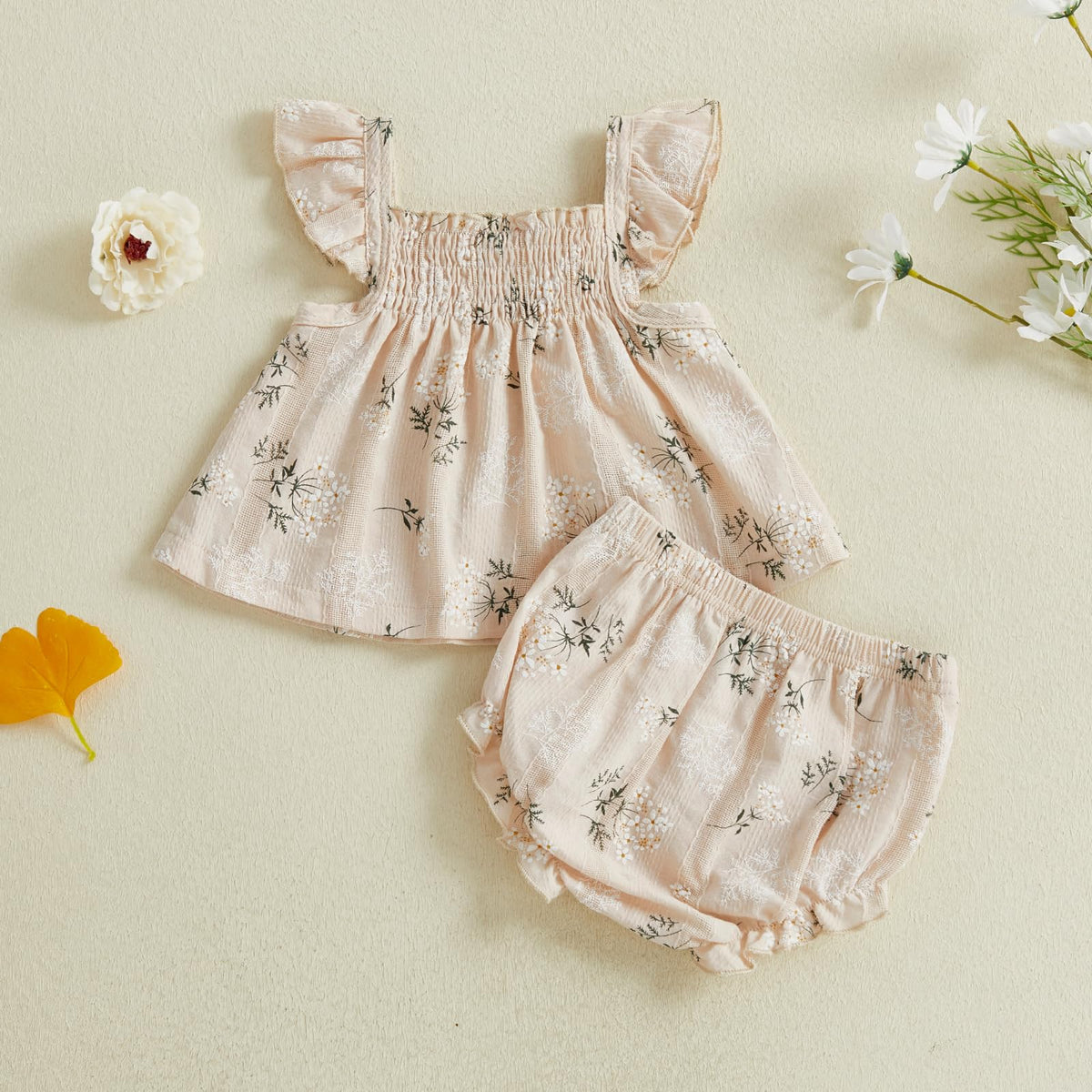 Infant Baby Girl Summer Smocked Clothes Floral Ruffle Shirt Tops Bloomers Shorts Toddler Cute Outfits Set