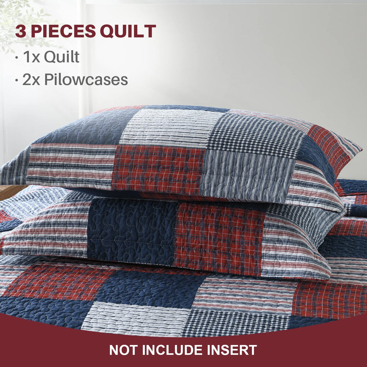 Quilt Set, 100% Cotton Quilt, Blue Red White Patchwork Plaid Quilt Sets, Lightweight