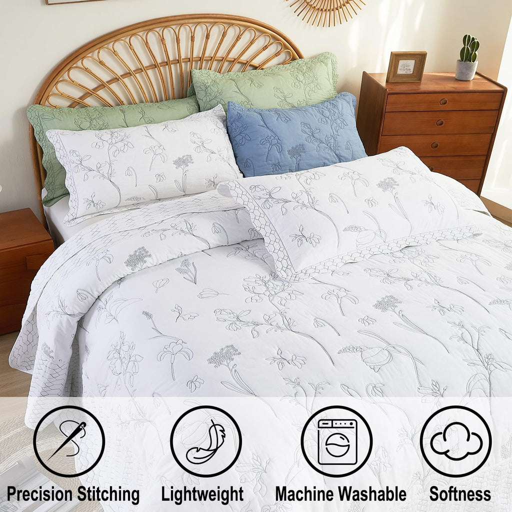 100% Cotton Bedspread, 3 Pieces Floral Pattern Stitching Quilt Oversized Embroidery Bedding