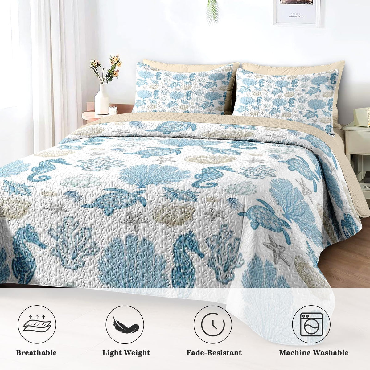 Quilt Set, 3 Pieces Sea Shell Coral Bedding, Bedspread
