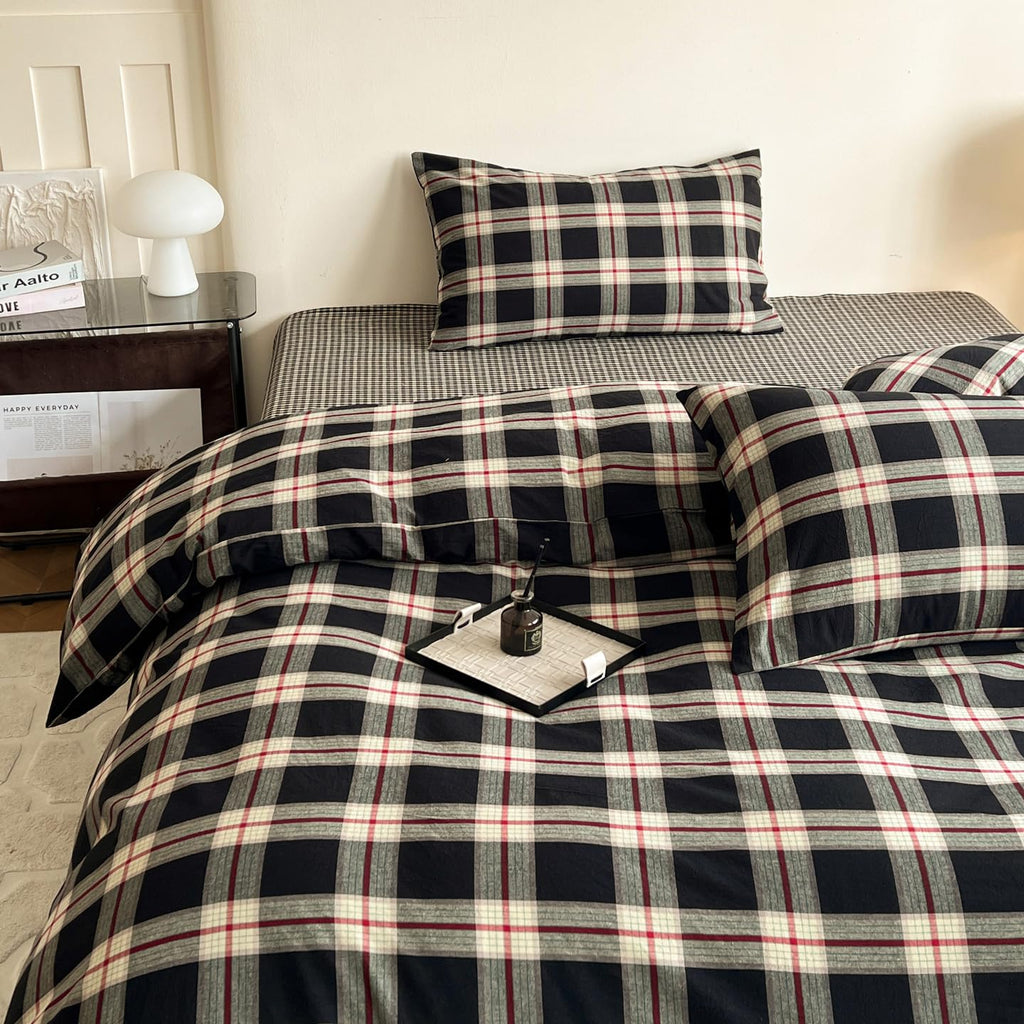 Black Buffalo Plaid Duvet Cover 100% Washed Cotton Green Red Gingham Duvet Cover Vintage Checkered Duvet