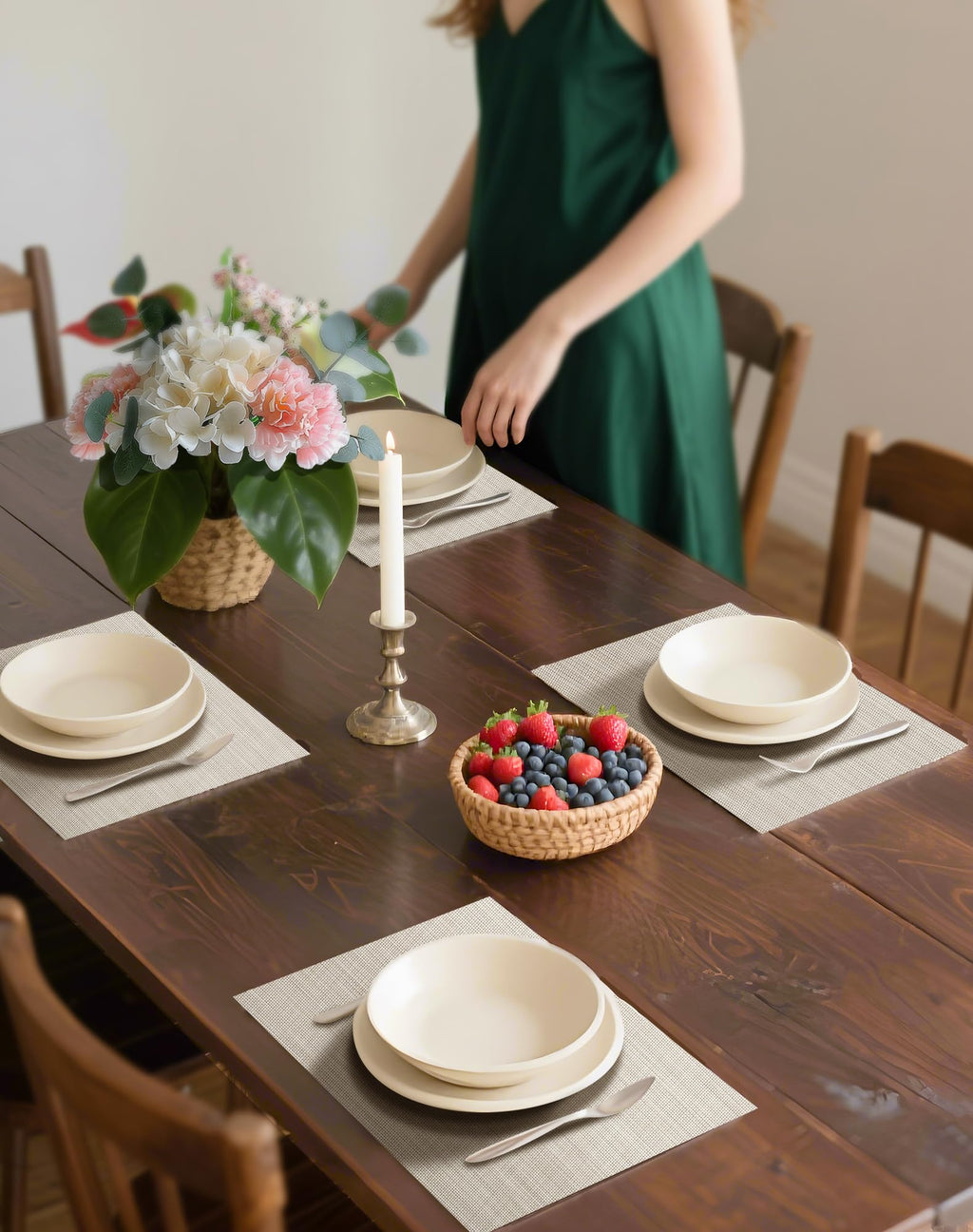 Beige White Placemats Set of 6 - Heat Resistant Non-Slip Place mats for Dining Table, Washable Durable PVC Vinyl