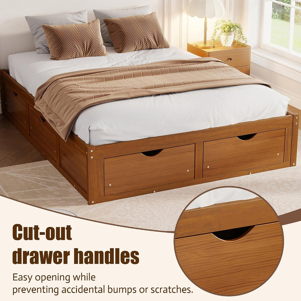 Japanese Queen Size Wooden Floor Bed Frame with 6 Storage Drawers