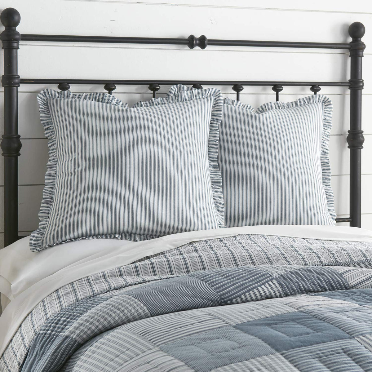 Sawyer Mill Ticking Striped Cotton Farmhouse Square Bedding Accessory Euro Sham Set of 2 26x26 Blue Denim