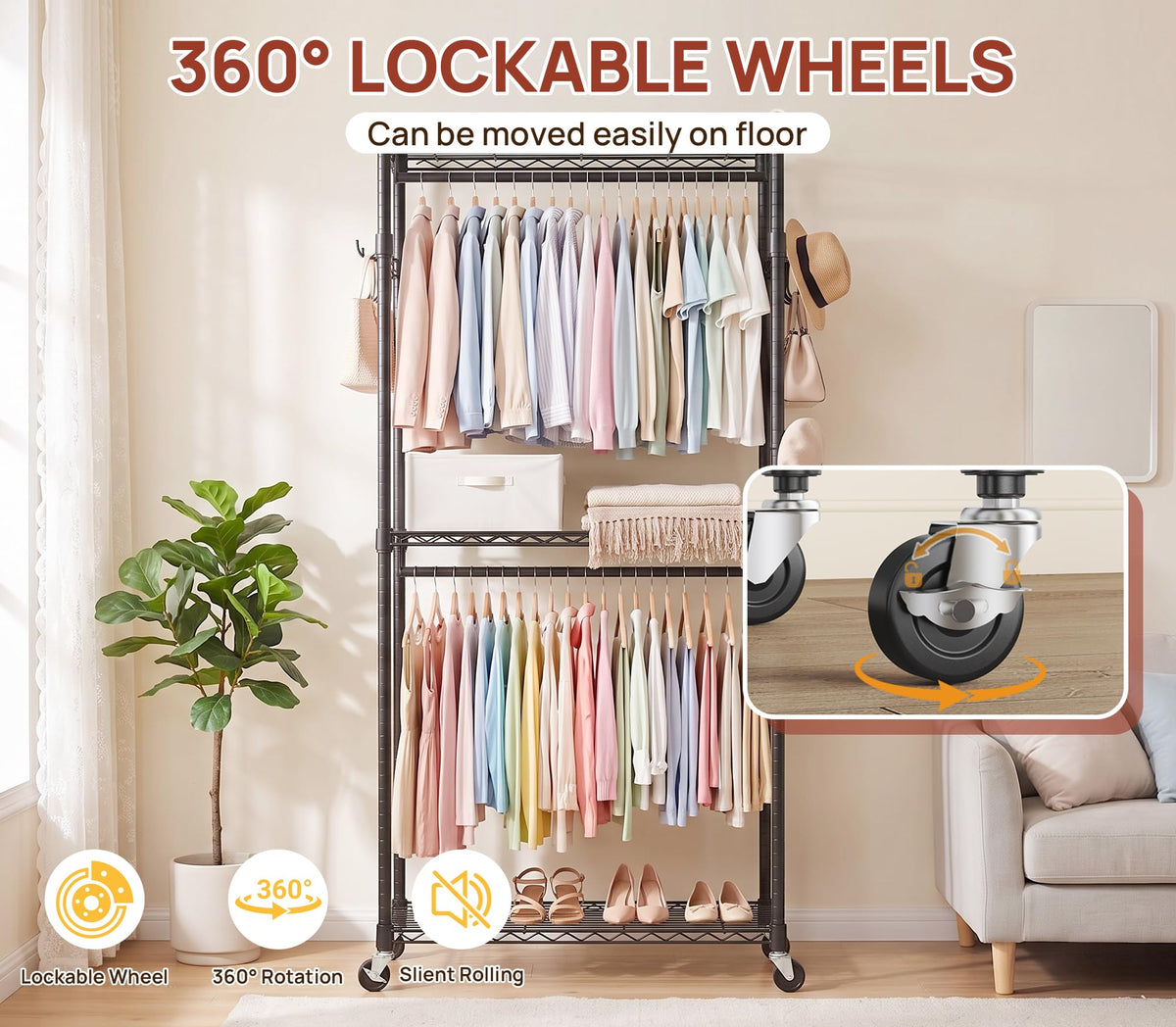 Double Rods Clothes Rack, Heavy Duty Clothing Rack on Wheels, Black