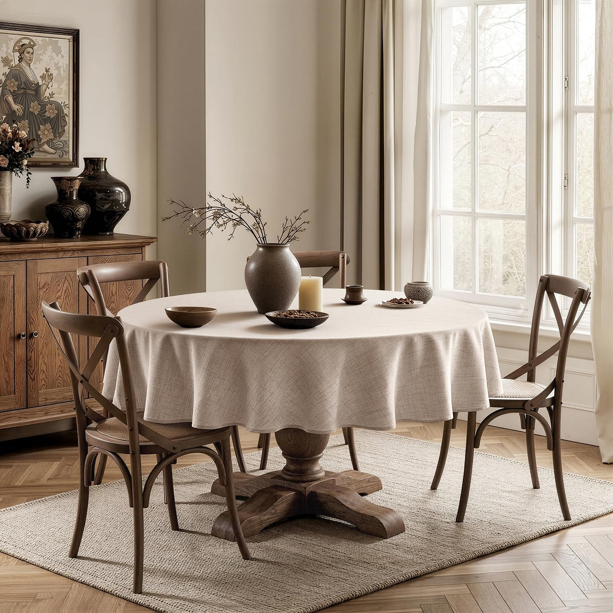 Linen Textured 70 Inch Round Tablecloth Ivory
