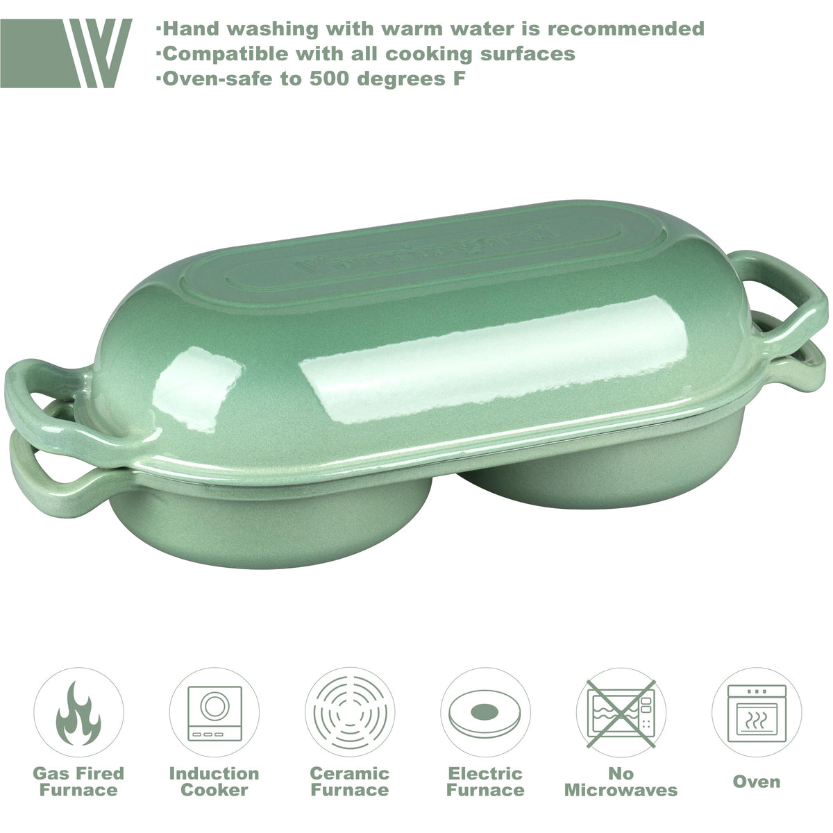 Enameled Cast Iron Double Dutch Oven with Lid, Dual Round Loaf Pan, Bread pan made Sourdough Bread Baking, Sage green
