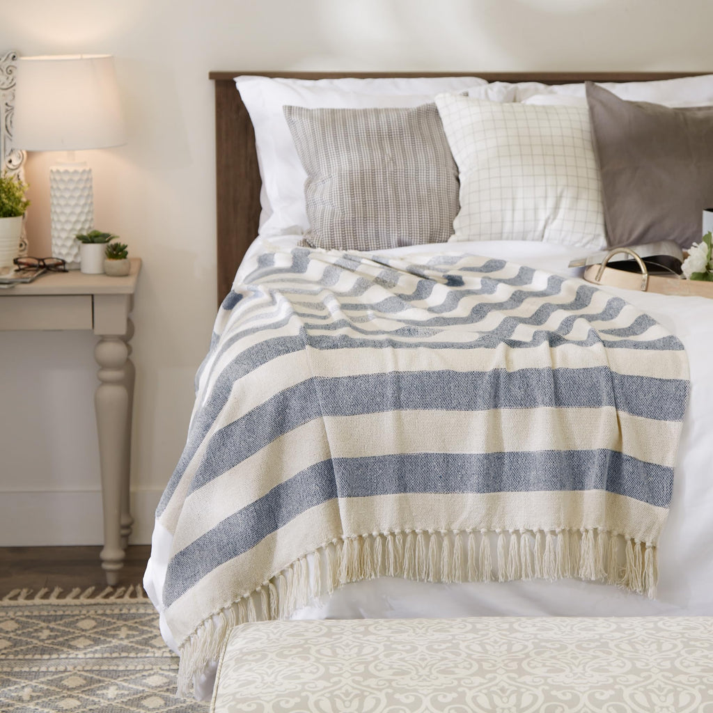 Rustic Farmhouse Cotton Cabana Striped Blanket Throw with Fringe, 50 x 60 - Cabana Striped Off-White with French Blue