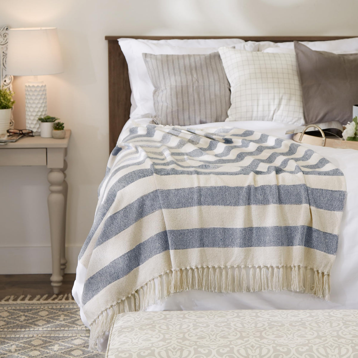 Rustic Farmhouse Cotton Cabana Striped Blanket Throw with Fringe, 50 x 60 - Cabana Striped Off-White with French Blue