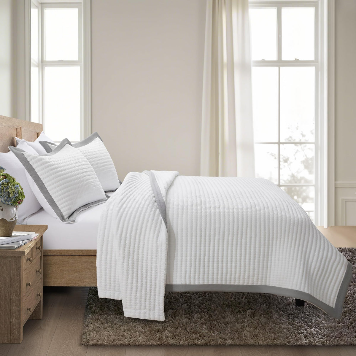White Quilt Set - Farmhouse Soft Striped Stitch Bedding Bedspread Coverlet Summer Lightweight
