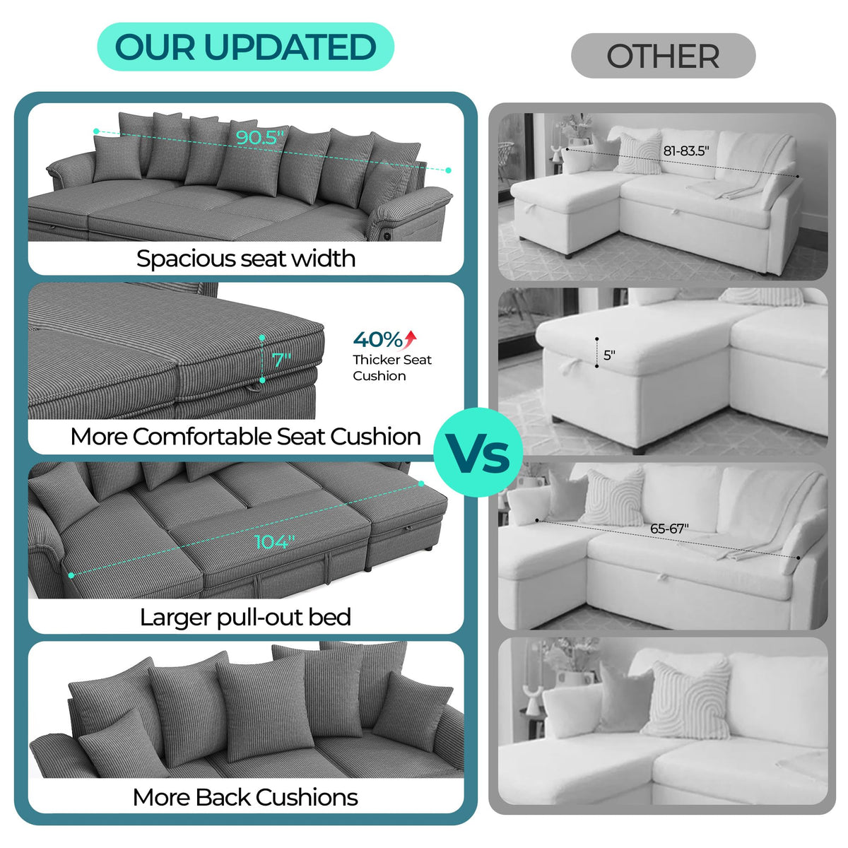 Sectional Couch with Pull Out Bed, Large Corduroy Modular Sleeper Sofa, Storage Chaise, Wide Armrest, 118" 4 Seats